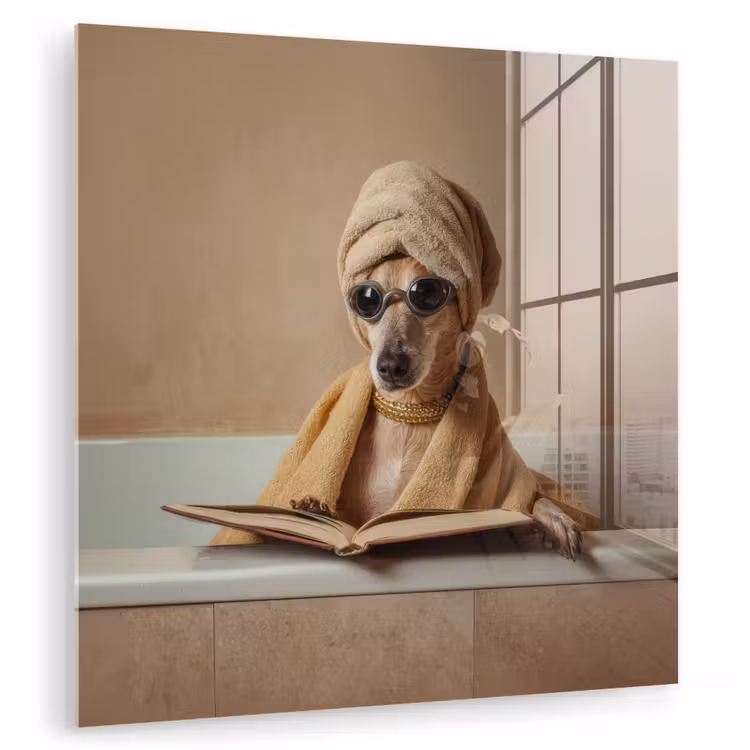 Glas schilderij - Bad - Hond - Boek - Zonnebril — 3