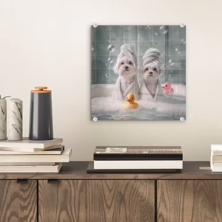 Glas schilderij - Hondjes - Badkuip - Badeendjes - Handdoeken — 2