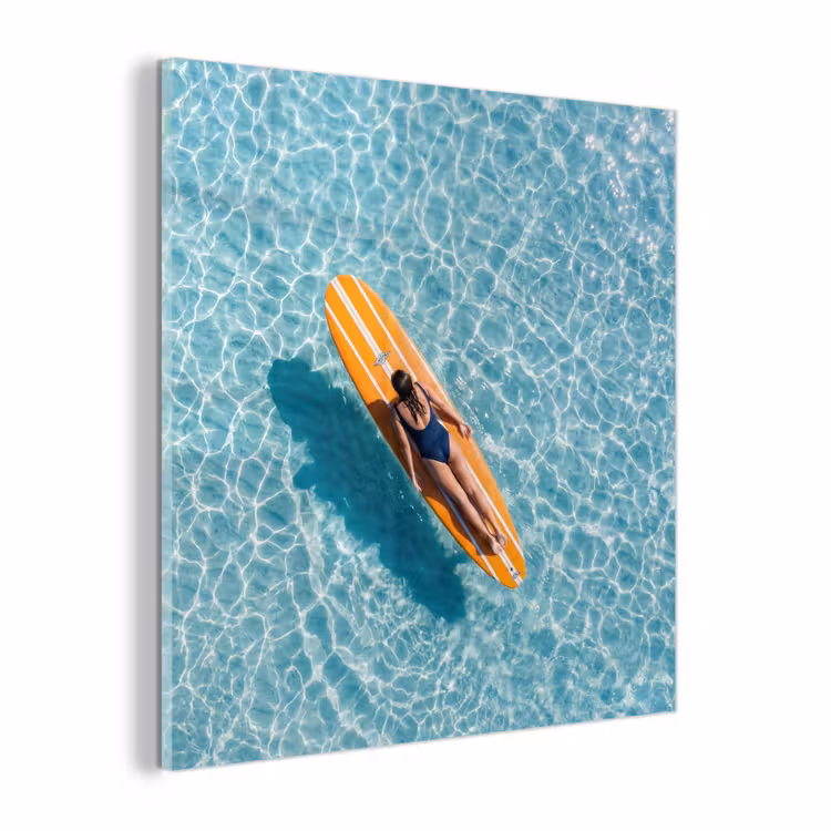 Glas schilderij - Surfboard - Water - Badpak - Oranje — 1