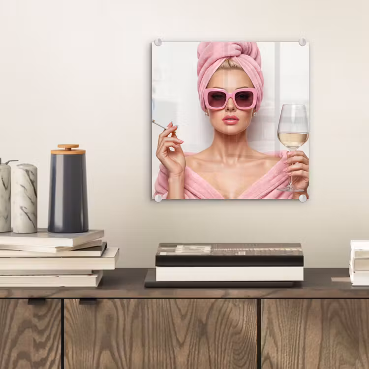Glas schilderij - Vrouw - Roze - Wijn - Zonnebril — 2