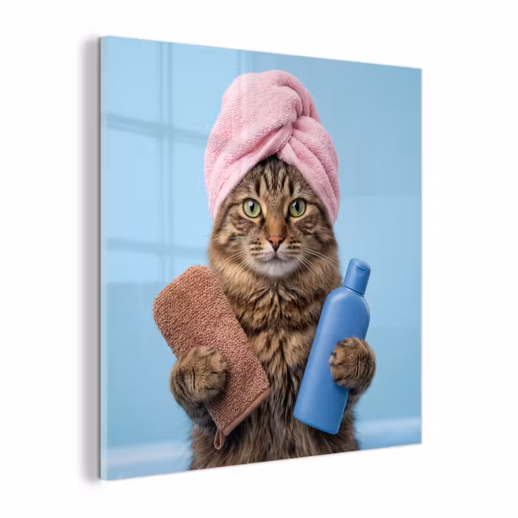 Glas schilderij - Kat - Handdoek - Washand - Zeep — 1