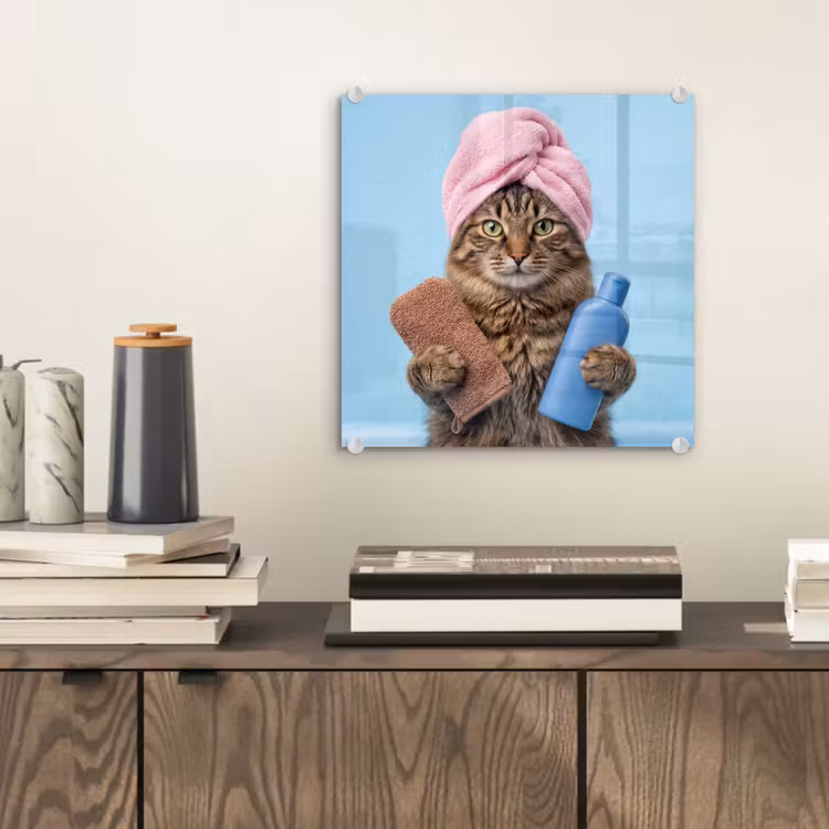 Glas schilderij - Kat - Handdoek - Washand - Zeep — 2