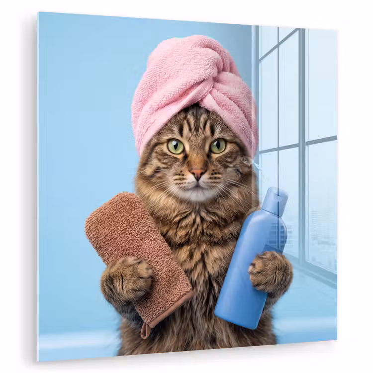 Glas schilderij - Kat - Handdoek - Washand - Zeep — 3