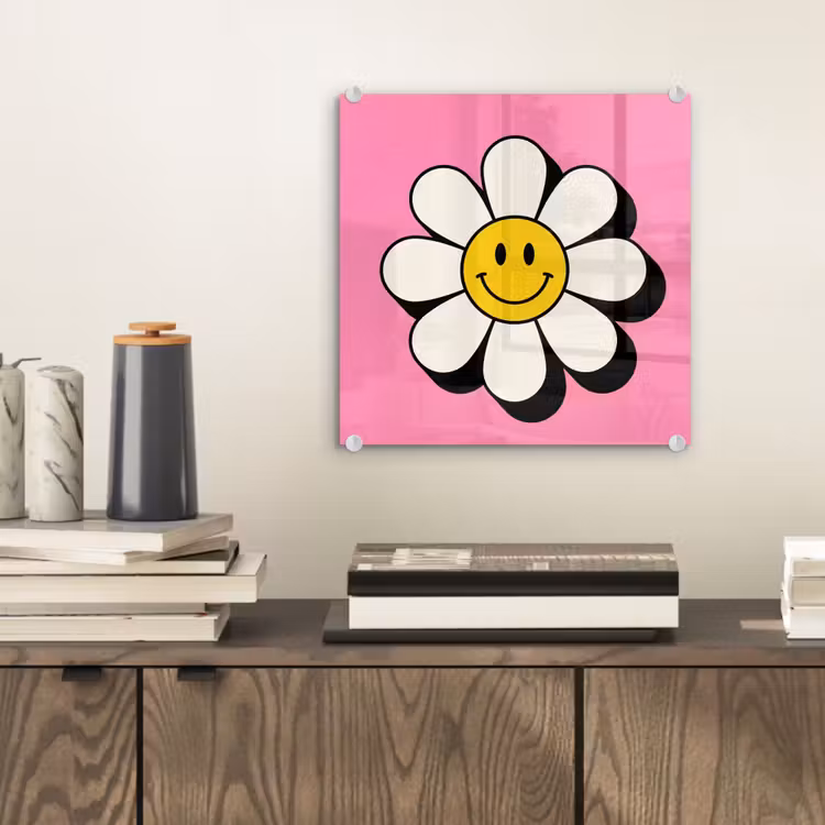 Glas schilderij - Smiley - Bloem - Roze — 2