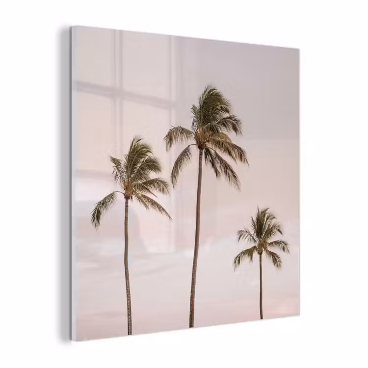 Glas schilderij - Palmbomen - Zonsondergang - Roze — 1