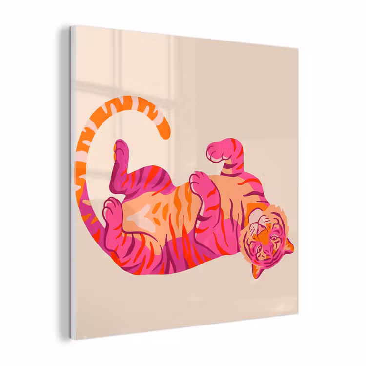Glas schilderij - Tijger - Roze - Oranje — 1
