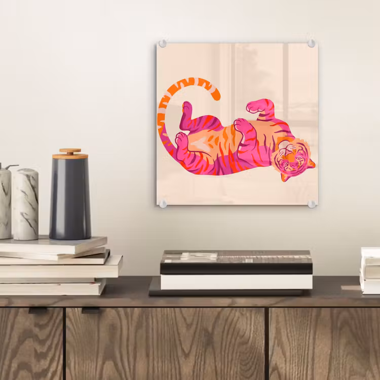Glas schilderij - Tijger - Roze - Oranje — 2