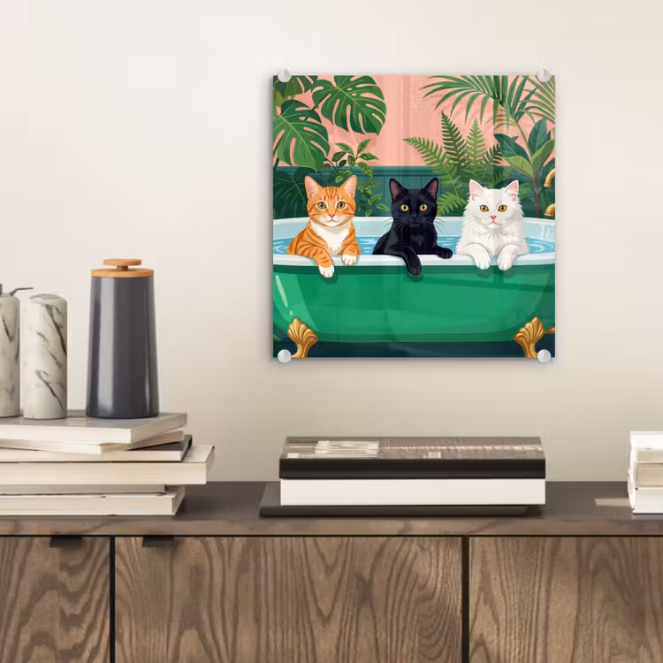 Glas schilderij - Badkamer - Kattenparade - Kleurrijk — 2