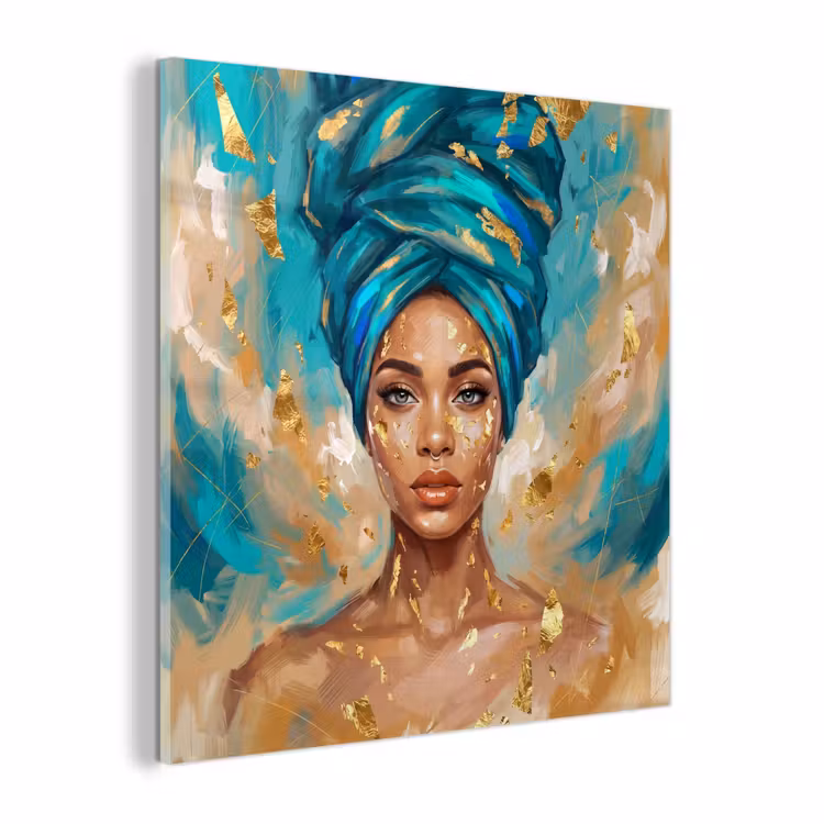Glas schilderij - Portret - Vrouw - Schilderij - Blauw - Goud - Expressief — 1