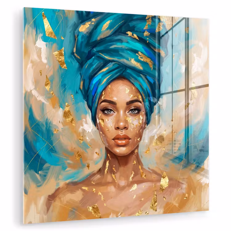 Glas schilderij - Portret - Vrouw - Schilderij - Blauw - Goud - Expressief — 3