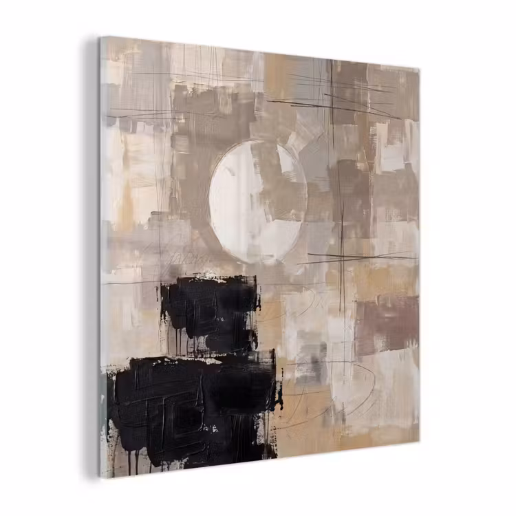 Glas schilderij - Abstract - Cirkel - Modern - Beige - Zwart - Minimalistisch — 1