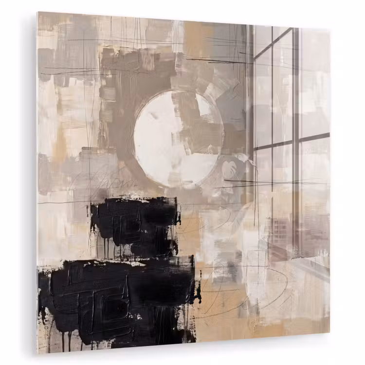 Glas schilderij - Abstract - Cirkel - Modern - Beige - Zwart - Minimalistisch — 3