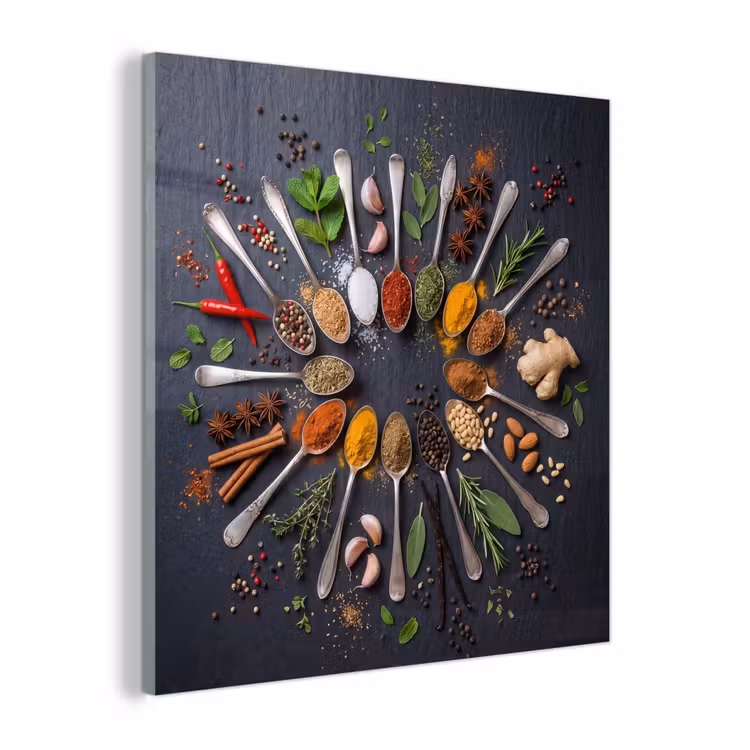 Glas schilderij - Kruiden - Lepels - Culinair - Kleurrijk - Sfeervol — 1