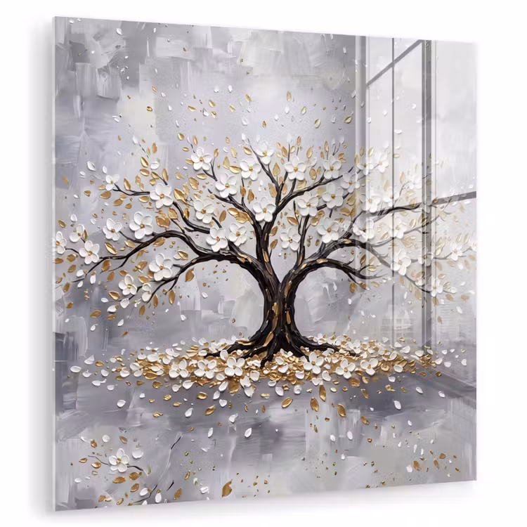 Glas schilderij - Boom - Bloemen - Natuur - Abstract - Wit — 3