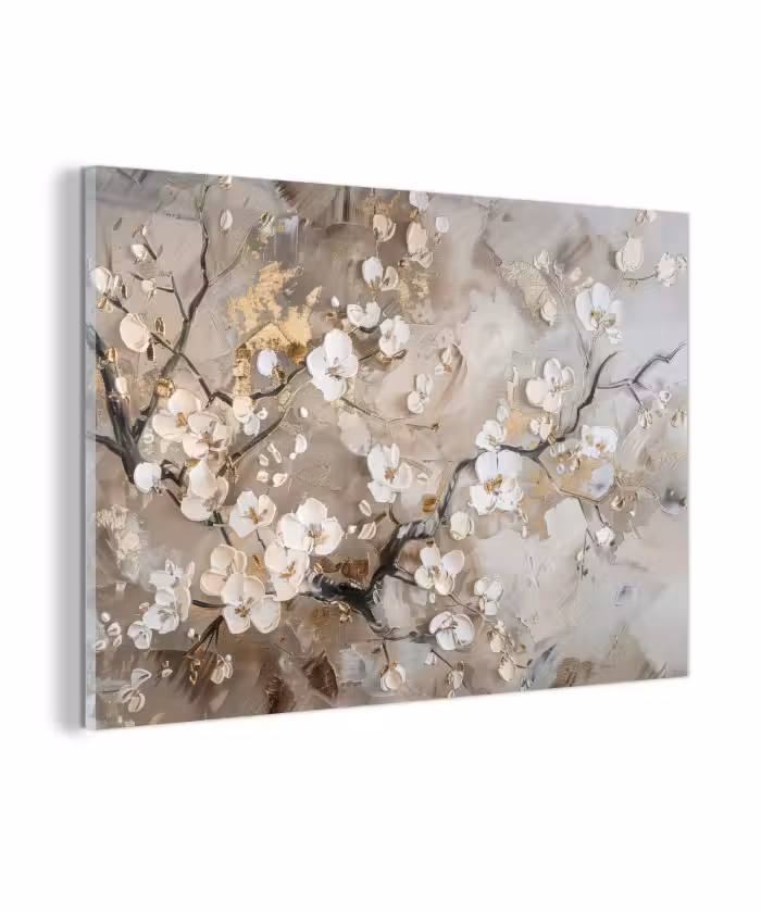 Glas schilderij - Bloemen - Wit - Goud - Beige  - Luxe
