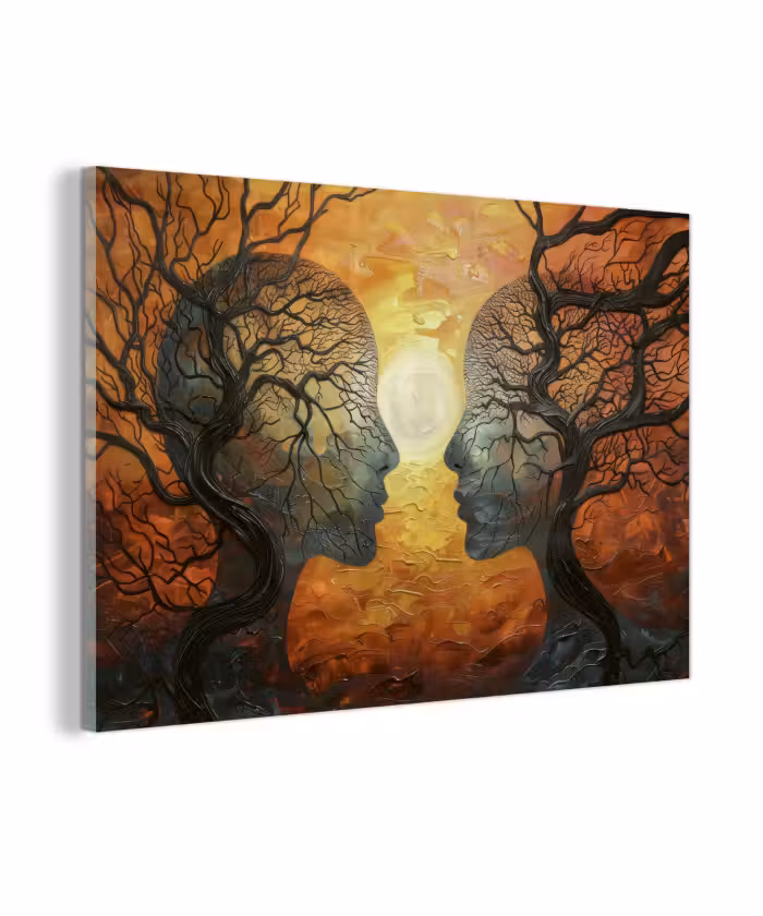 Glas schilderij - Bomen - Gezichten - Zon - Kunst