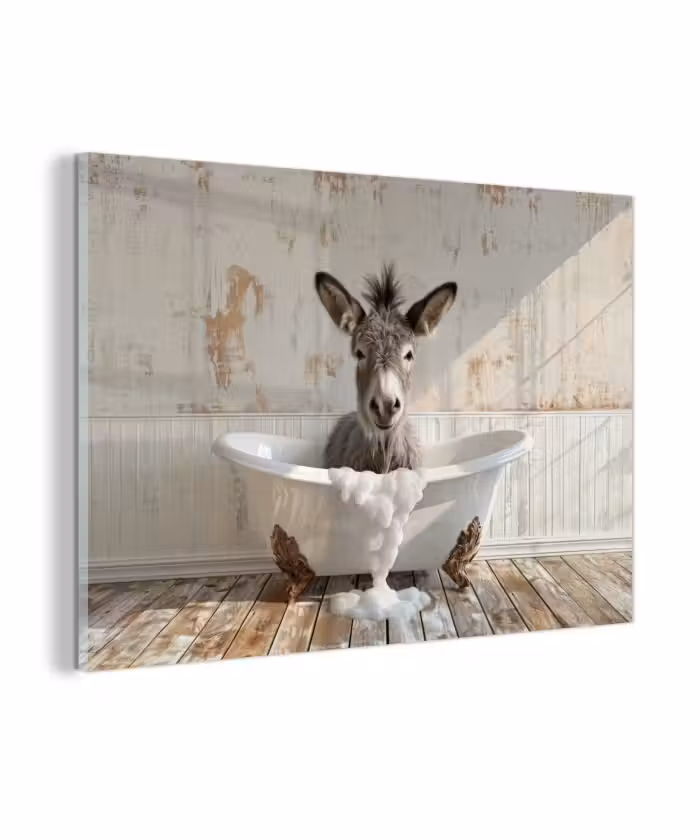 Glas schilderij - Ezel - Dieren - Badkuip - Schuim