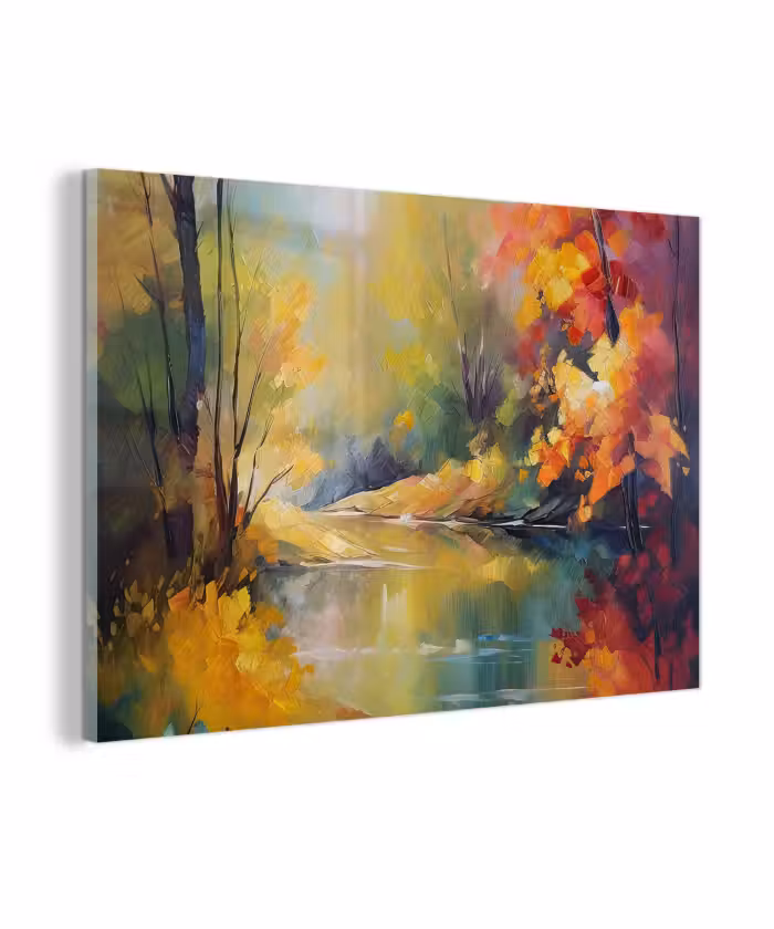 Glas schilderij - Landschap - Olieverf - Rivier - Kleurrijk