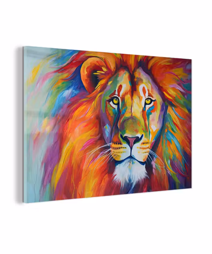 Glas schilderij - Leeuw - Dieren - Olieverf - Regenboog