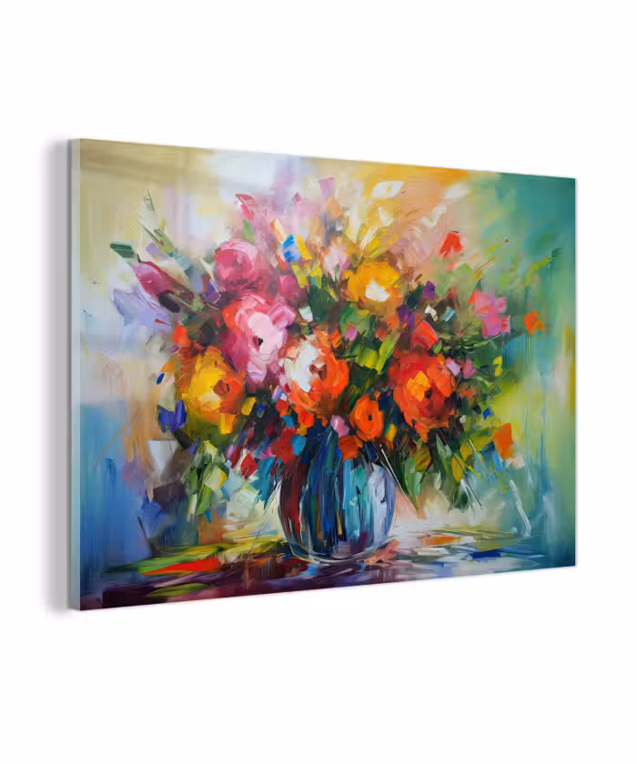 Glas schilderij - Bloemen - Kleurrijk - Bloempot - Olieverf