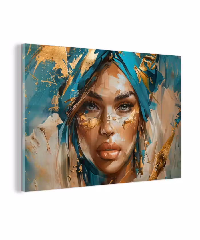 Glas schilderij - Vrouw - Portret - Goud - Luxe - Blauw