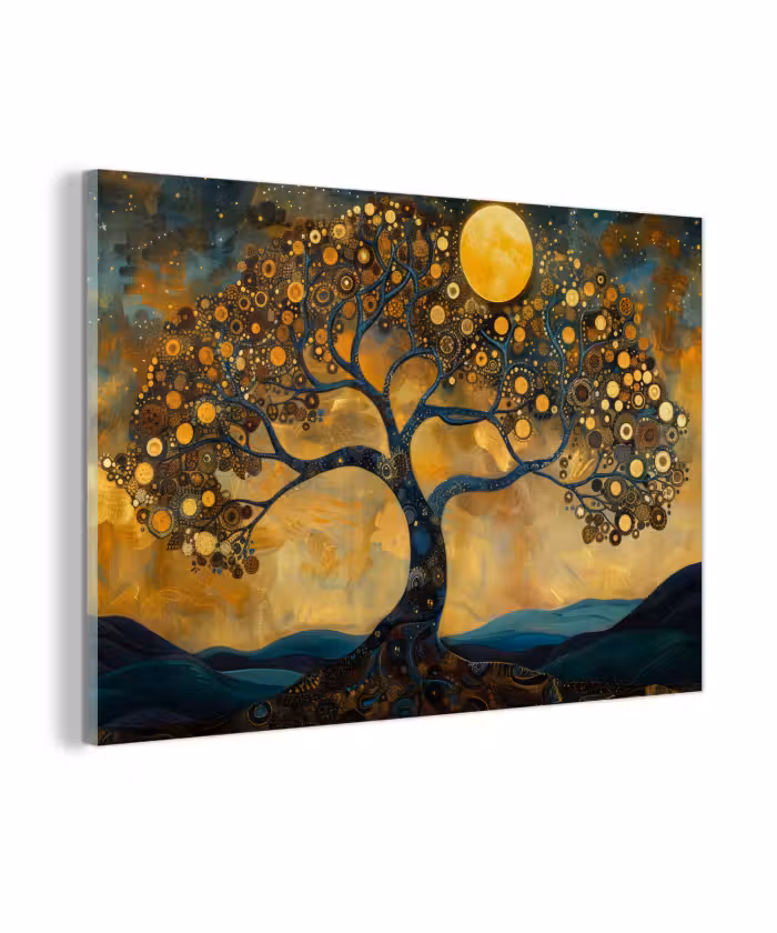 Glas schilderij - Boom - Maan - Bloemen - Goud - Kunst