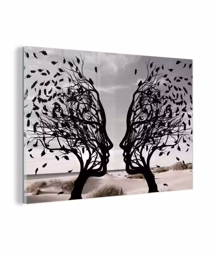 Glas schilderij - Bomen - Gezicht - Bladeren - Moderne kunst