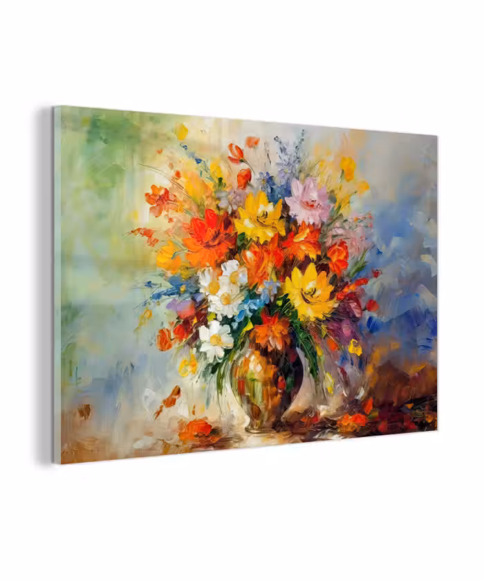 Glas schilderij - Bloemen - Kleurrijk - Olieverf - Bloempot