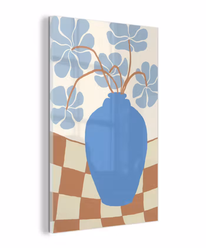Glas schilderij - Bloemen - Pot - Blauw - Abstracte kunst