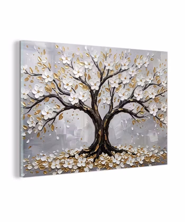 Glas schilderij - Boom - Bloemen - Natuur - Abstract - Wit
