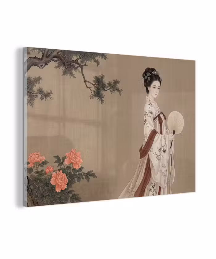 Glas schilderij - Vrouw - Azië - Kunst - Beige