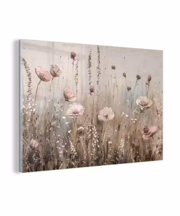Glas schilderij - Bloemen - Roze - Modern - Beige