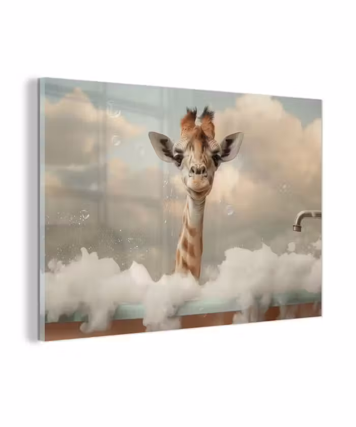 Glas schilderij - Giraffe - Wilde dieren - Bad -  Schuim