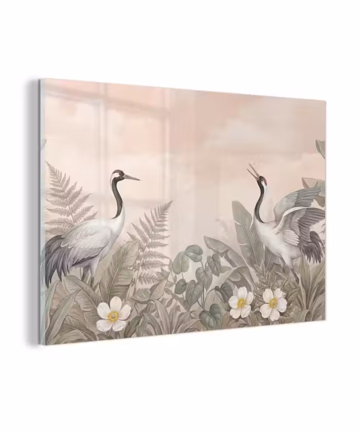 Glas schilderij - Kraanvogels - Natuur - Roze