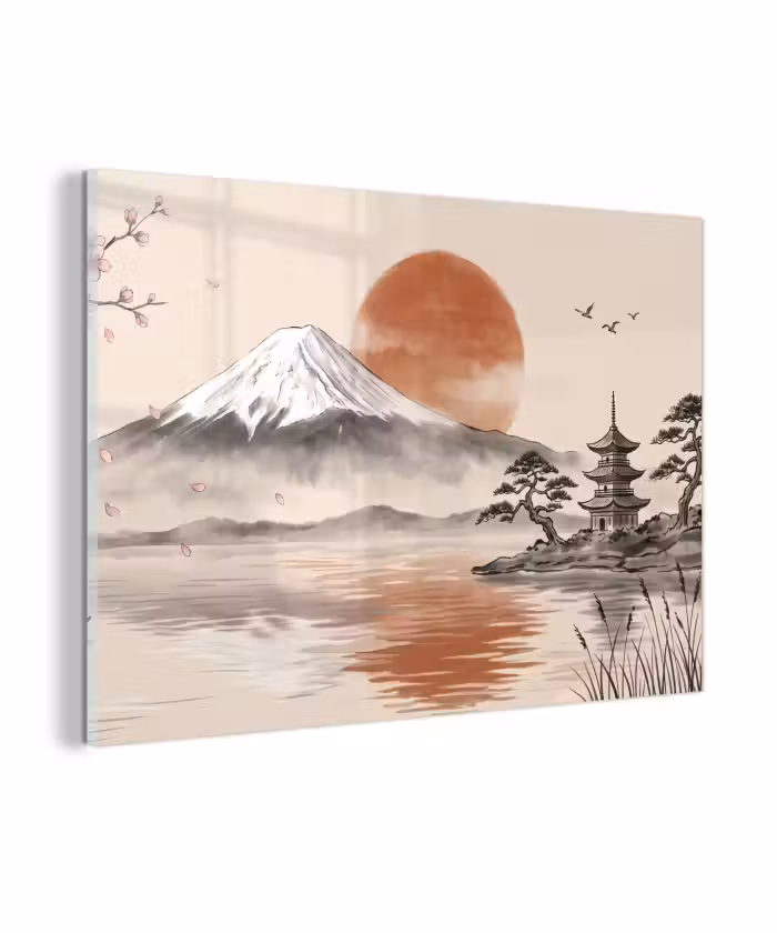 Glas schilderij - Bergtop - Meer - Bloesem