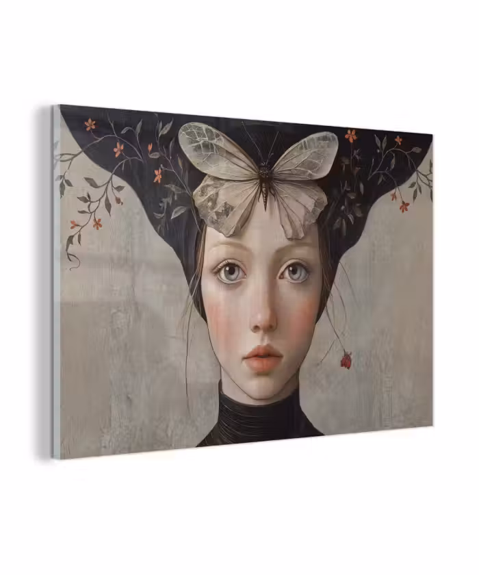Glas schilderij - Woman - Butterfly - Art - Classic - Muted