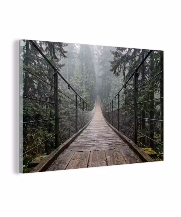 Glas schilderij - Brug - Bos - Mist - Natuur