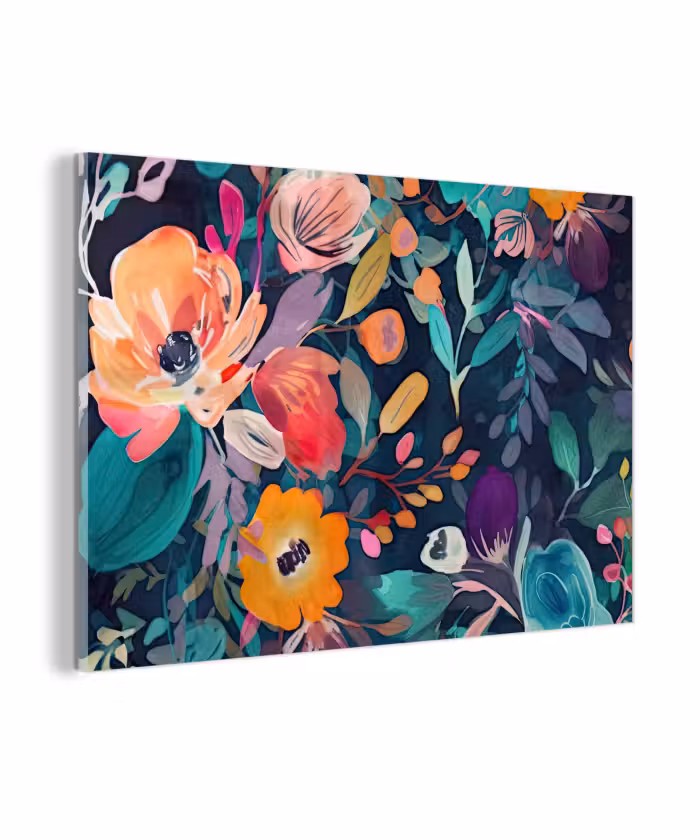 Glas schilderij - Kleurrijk - Bloemen - Kunst - Natuur - Hippie
