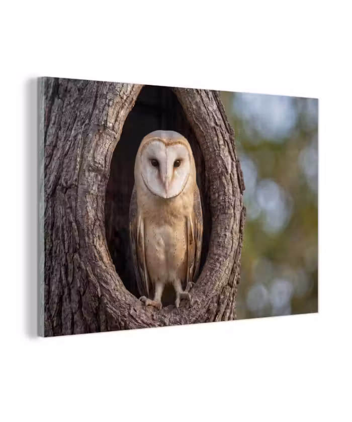 Glas schilderij - Kerkuil - Boom - Natuur - Bruin