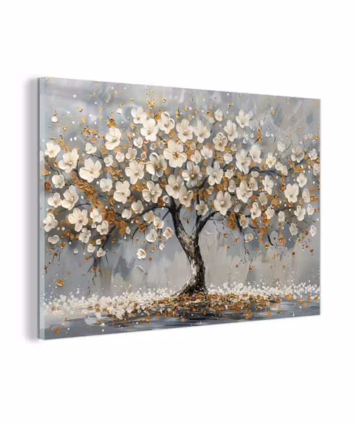 Glas schilderij - Boom - Bloemen - Wit - Natuur - Kunst
