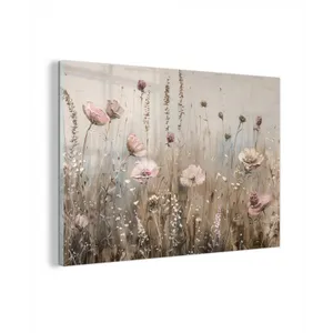 Glas schilderij - Bloemen - Roze - Modern - Beige